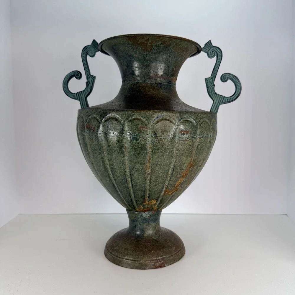 Bronze Tone Metal Urn Jardiniere Vase Handles Pedestal VTG Neoclassical Style‎